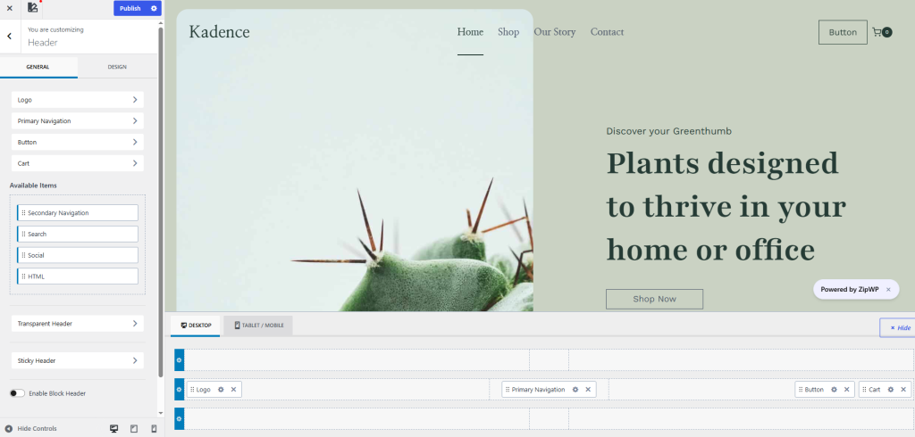 Kadence Header Builder